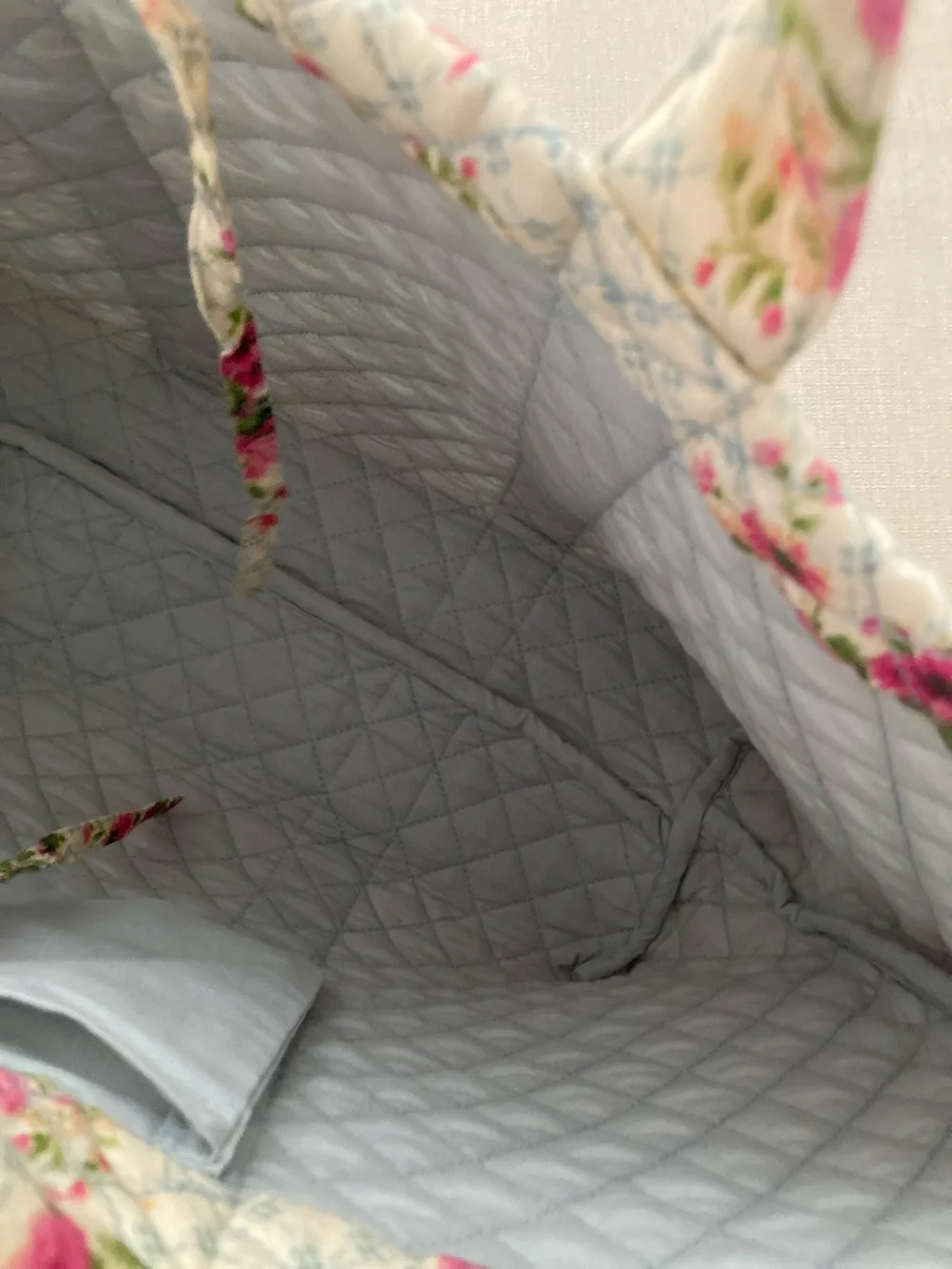 Sezane Quilted Cream Tote with Pink Floral Print